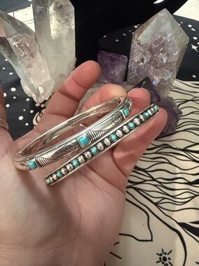 🩵 Set of BRIGHTON VINTAGE Silver Bangles with Turquoise Accents! 2 Bracelets! 🩵